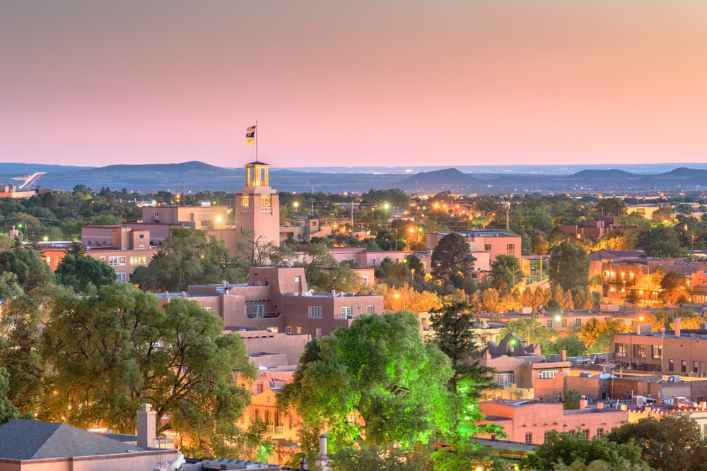 an aerial view of downtown Santa Fe - where you'll find tours and attraction sin the Santa Fe historic district