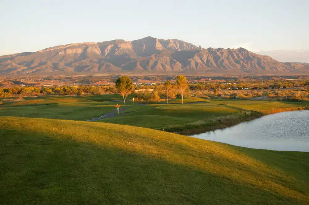 View of the Sandia Mountains from one of the best Santa Fe golf courses